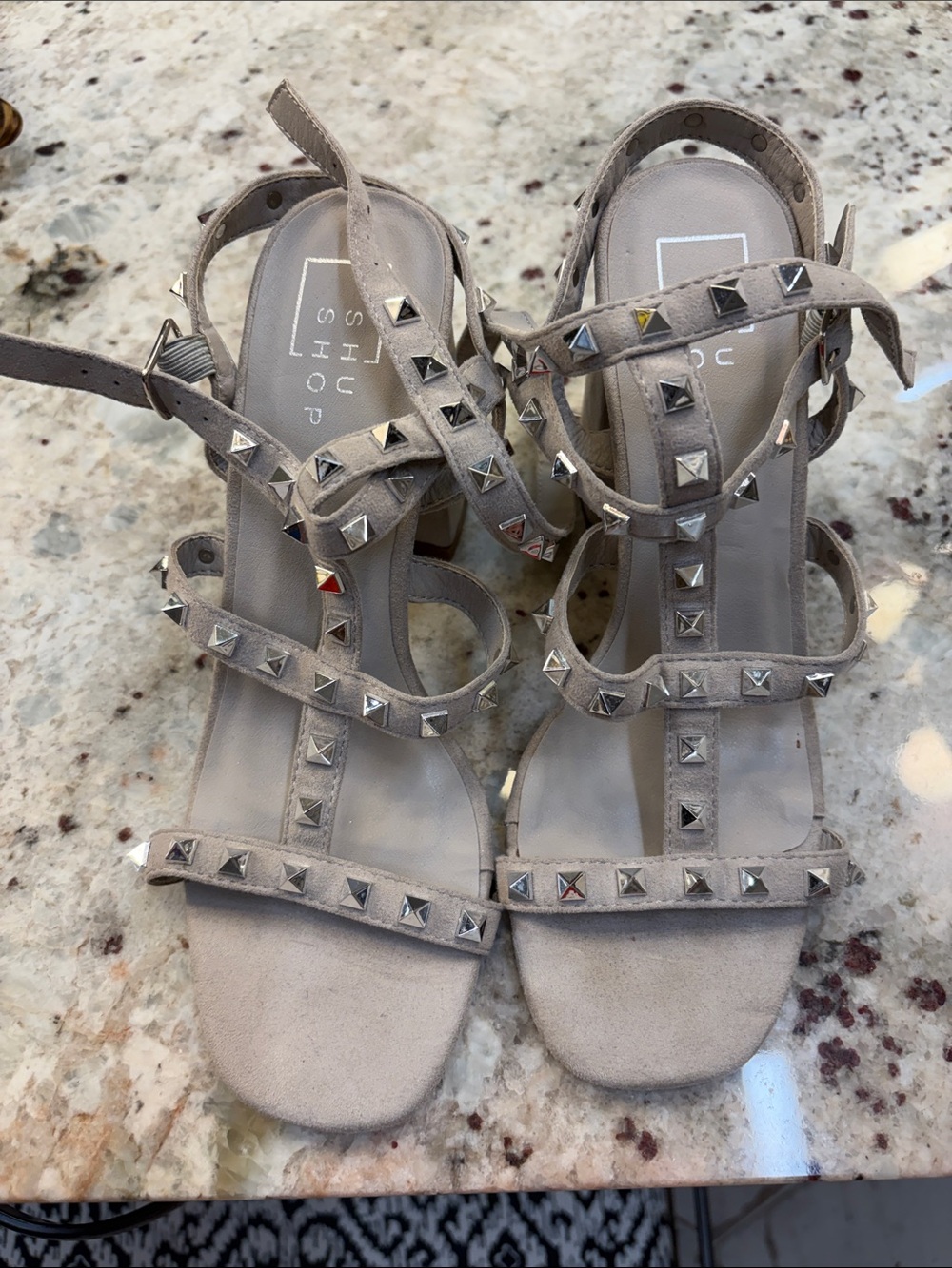 ShuShop Taupe Studded Suede Strappy Heels
